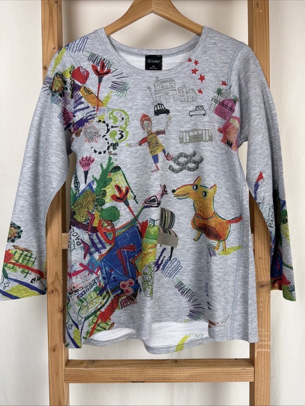 NWT Inoah Gray Artsy Dog Pattern High Low Hem Long Top #0870 XS USA